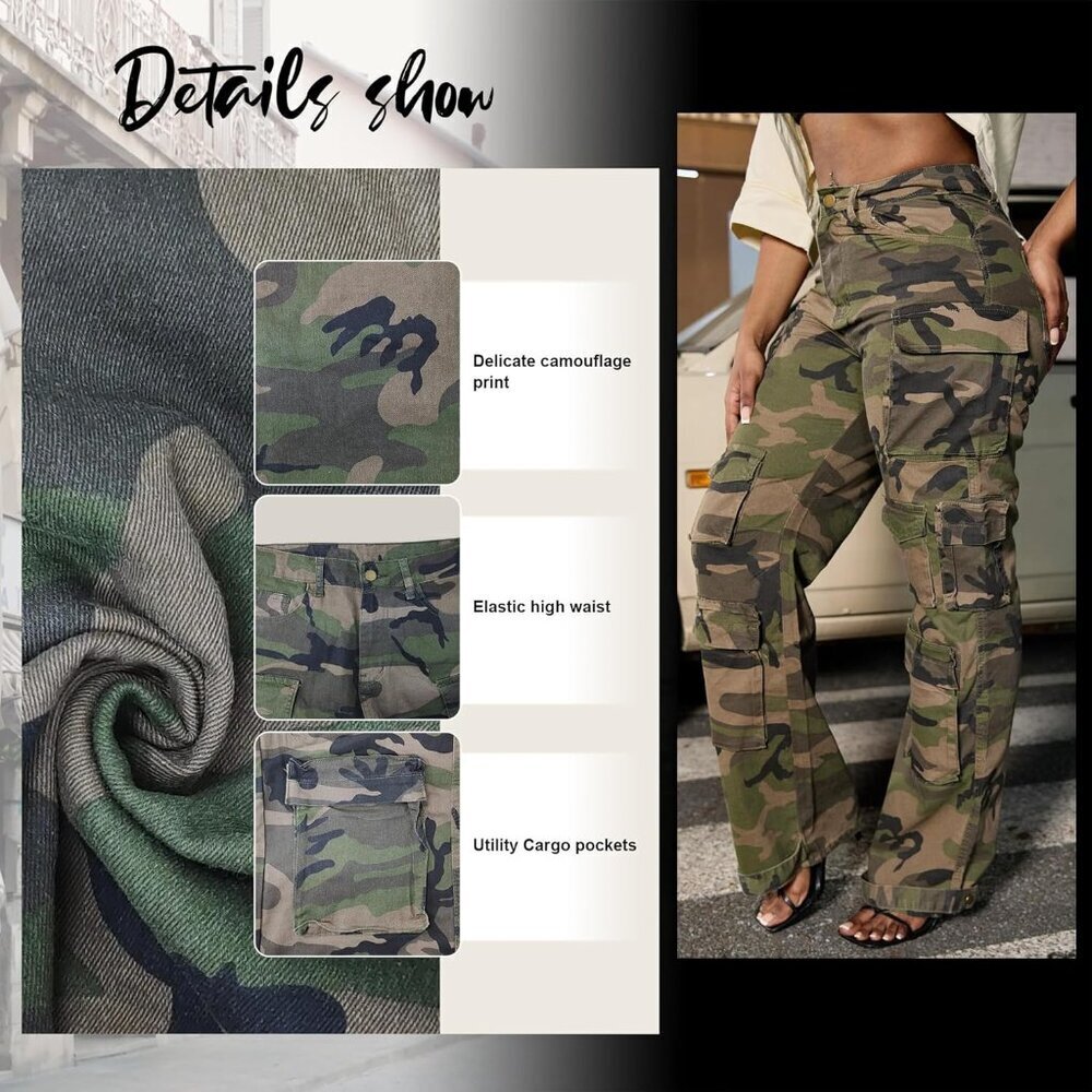 Baggy Cargo Jeans for Women Camo Denim Pants with Pockets Streetwear - Picture 5 of 6